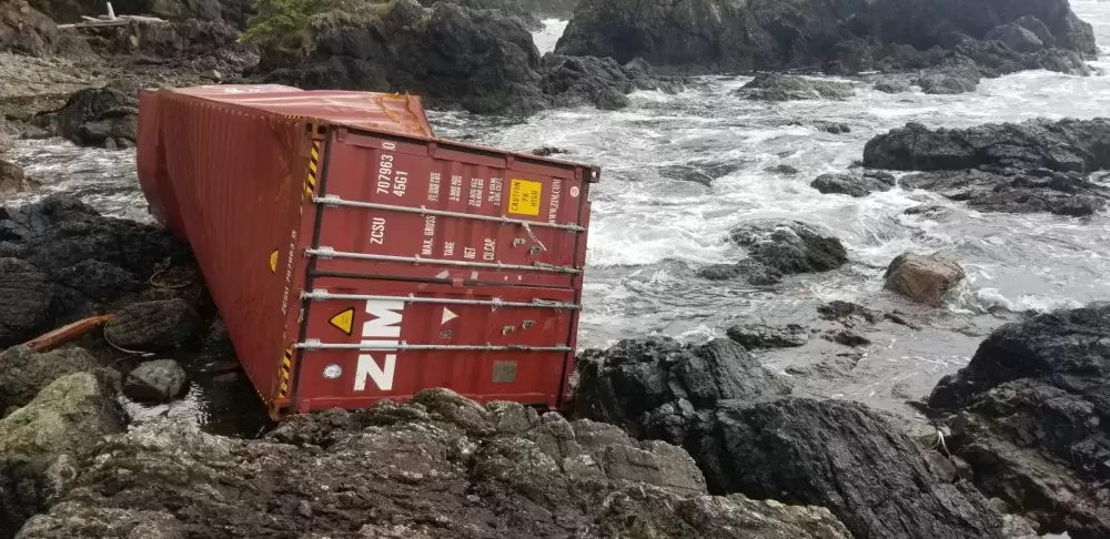 A shipping container from Zim Kingston is pictured on Cape Palmerston Beach, on Monday, Nov. 1. (Photo supplied by Epic Exeo)