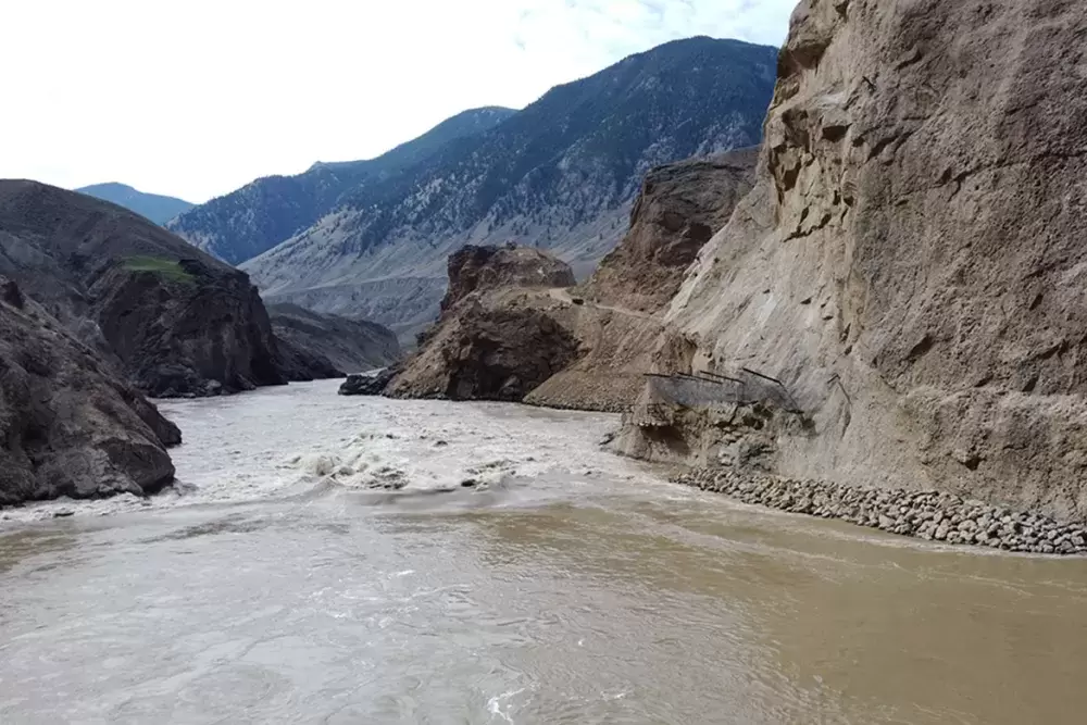 This image captured by drone shows rising water covering a portion of the “nature-like” fishway. (DFO photo)