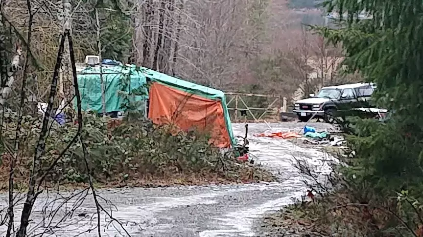 Encampment on Weyerhaeuser property at Great Central Lake. (Mike Youds photo)