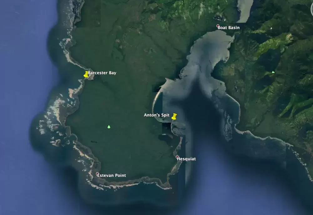 Map showing the extent of shoreline cleanup between Anton’s Spit and Barcester Bay in Hesquiaht territory. (Hesquiaht First Nation photo)