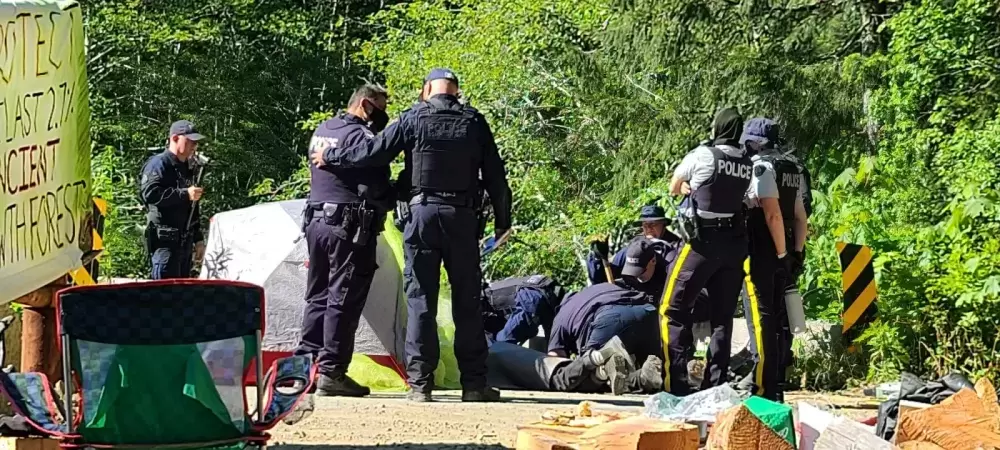 RCMP arrest protesters blocking access to old-growth stands at Fairy Creek. (FairyCreekBlockade photo).  