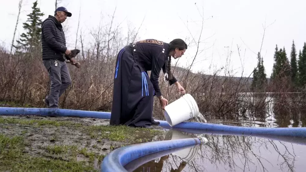  Chief Leah Stump of Nazko First Nation releases chinook fry into the Blackwater River, a tributary of the Fraser River, south of Prince George. (DFO photo)