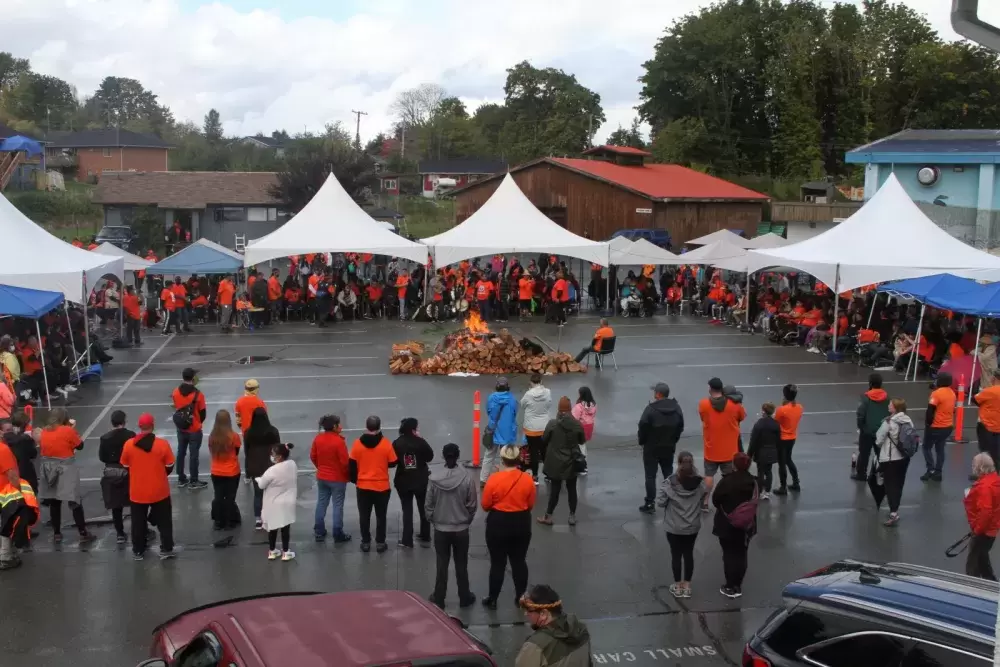 A crowd gathered on the former site of the Alberni Indian Residential School on Orange Shirt Day, Sept. 30. (Eric Plummer photo)