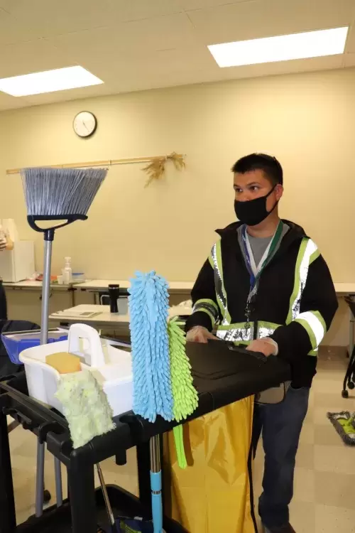 Jerami Sam tends to custodial duties at the North Island College campus in Port Alberni.