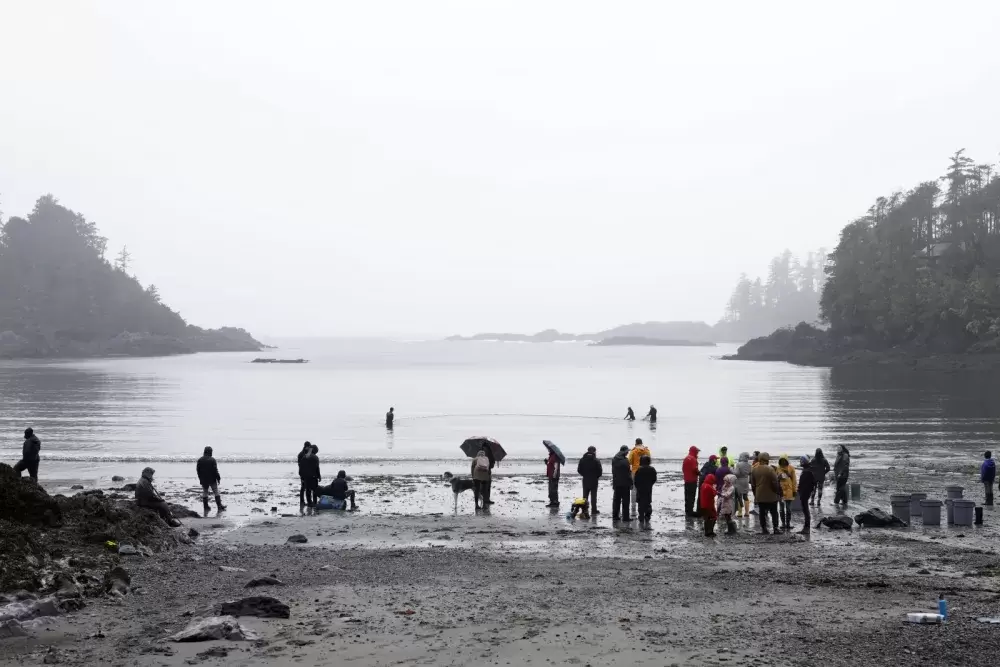 A crowd gather on Terrace Beach in Ucluelet, to watch the Ucluelet Aquarium staff carefully drag a seine net on along the ocean's floor in search of sea creatures for the aquarium, as part of the Pacific Rim Whale Festival, on March 21, 2022. (Melissa Renwick photo)