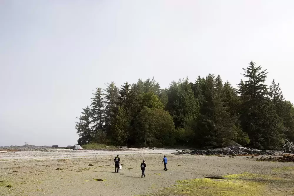 (From left to right) Hank Gus, Memphis Dick and Shane Sieber look for campers to make sure they're accounted for and safe on Hand Island, in the Broken Group Islands.