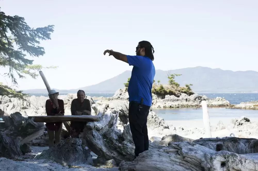 Shane Sieber greets a group of kayakers on Clarke Island, in the Broken Group Islands, in Barkley Sound, on July 26, 2021.