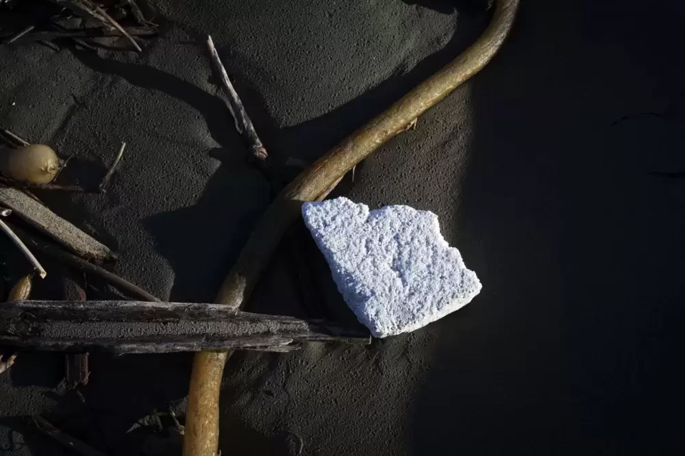 Styrofoam is entangled in the kelp and driftwood along the high tide line on the north end of Long Beach, near Tofino, on December 16, 2021.