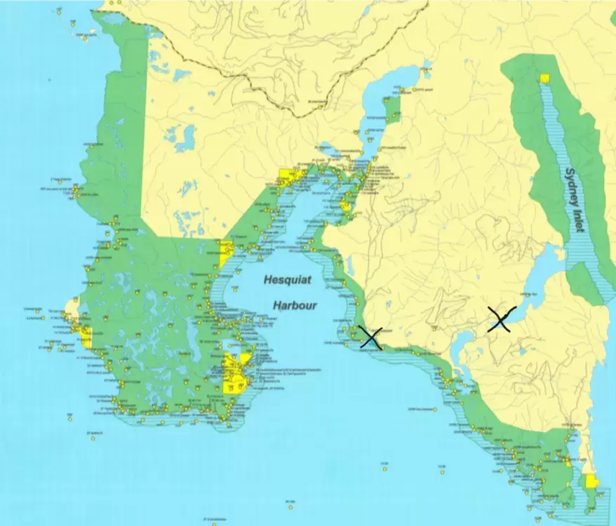 This map indicates the route cyclists took to camp near Hesquiaht Harbour. 