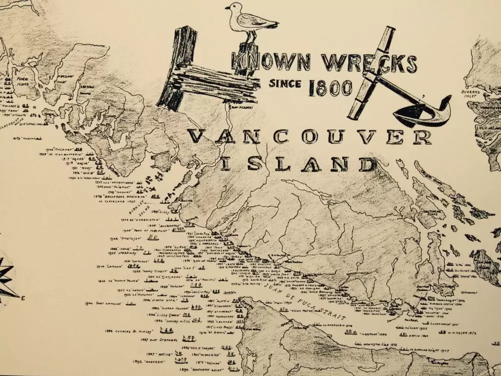 A hand-drawn map shows known shipwrecks since 1800. (Port Alberni Maritime Museum)