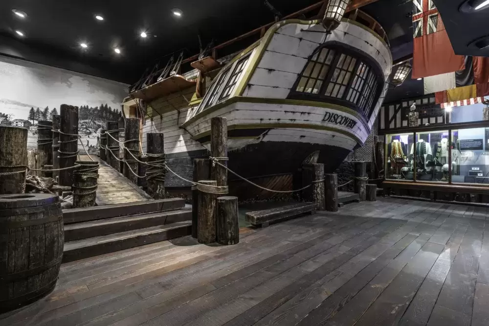A replica of HMS Discovery in the Becoming BC gallery. (RBCM photo)