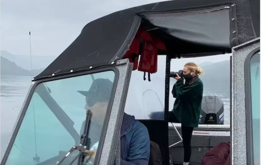 Skipper Lennie John and Clayoquot Action’s Nicole Holman observe Cermaq’s installation of semi-closed containment system. (Clayoquot Action photo)