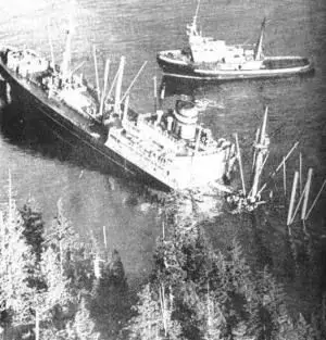 An aerial shot of Schiedyk half-submerged before it sank off Bligh Island in 1969. (Daily Colonist photo)