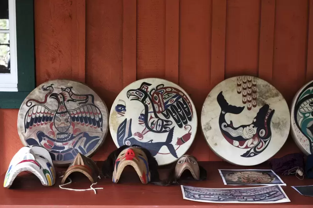 Joe David, a founding member of Carving on the Edge Festival, presents different samples of Nuu-chah-nutlh art while filming a video segment for this year's virtual festival at the Tofino Botanical Gardens, on March 6, 2021. Photograph by Melissa Renwick