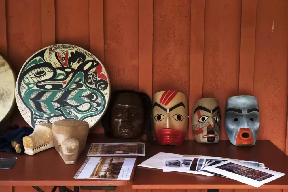 Joe David, a founding member of Carving on the Edge Festival, presents different samples of Nuu-chah-nutlh art while filming a video segment for this year's virtual festival at the Tofino Botanical Gardens, on March 6, 2021. Photograph by Melissa Renwick