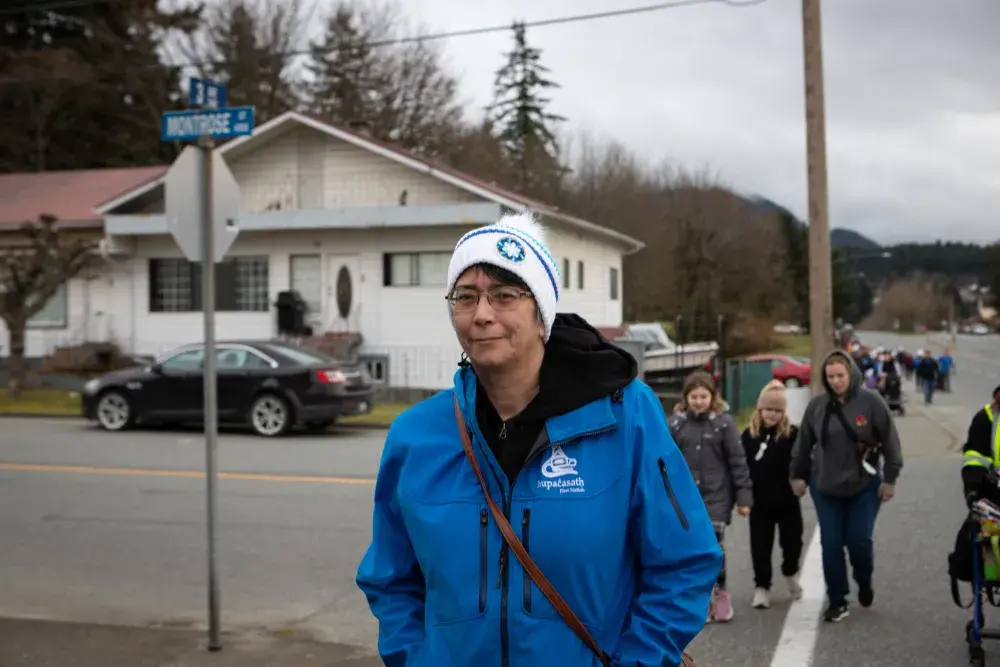 Hupacasath Chief Councillor Brandy Lauder walks on Third Avenue during Port Alberni's Coldest Night of the Year event on Feb. 24. (Tasha Potter photos)  