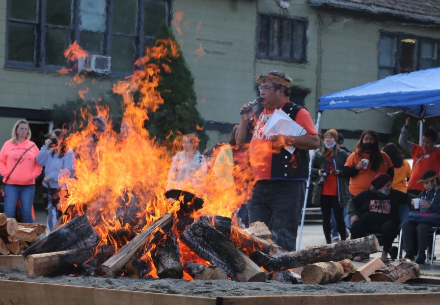 Martin Watts speaks to a crowd gathered on the former site of the Alberni Indian Residential School on Orange Shirt Day, Sept. 30. (Eric Plummer photo)