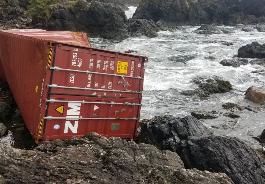 A shipping container from Zim Kingston is pictured on Cape Palmerston Beach. (Photo by Epic Exeo)  