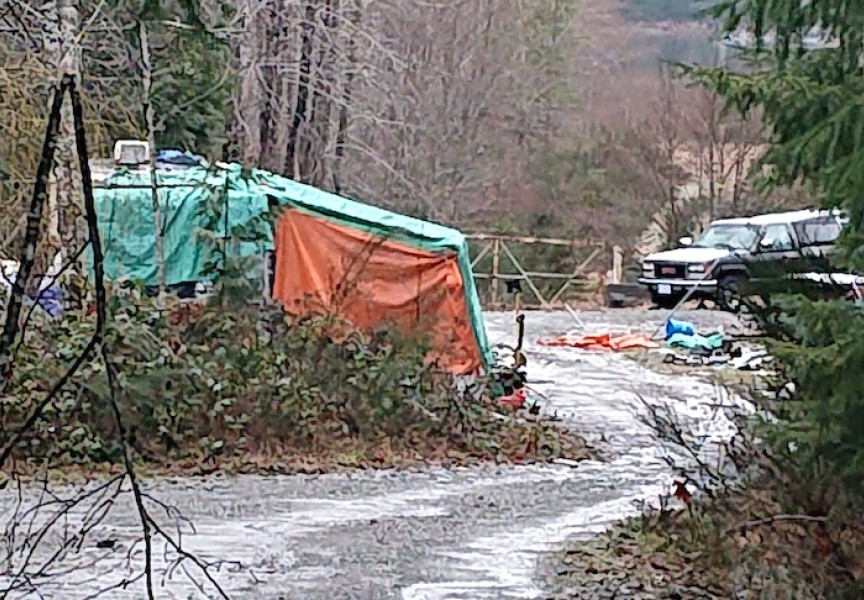 Encampment on Weyerhaeuser property at Great Central Lake. (Mike Youds photo)