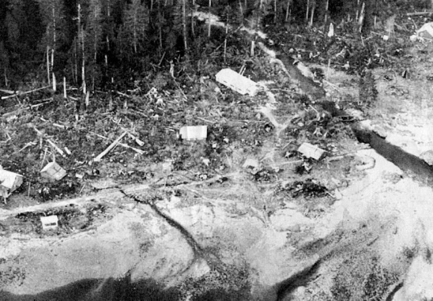 Hot Springs Cove devastation after the 1964 Alaskan quake tsunami. (Charles Ford photo)