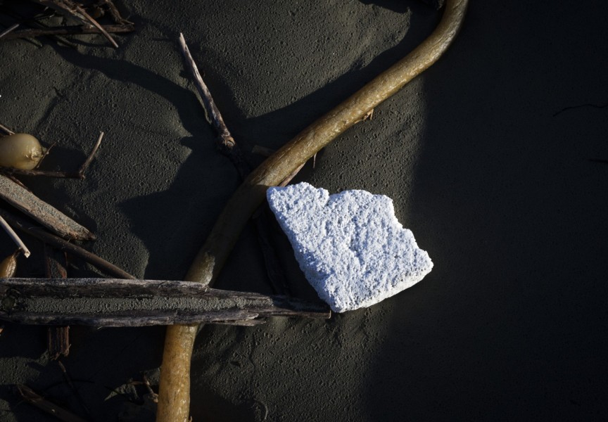 Styrofoam is entangled in the kelp and driftwood along the high tide line on the north end of Long Beach, near Tofino, on December 16, 2021.