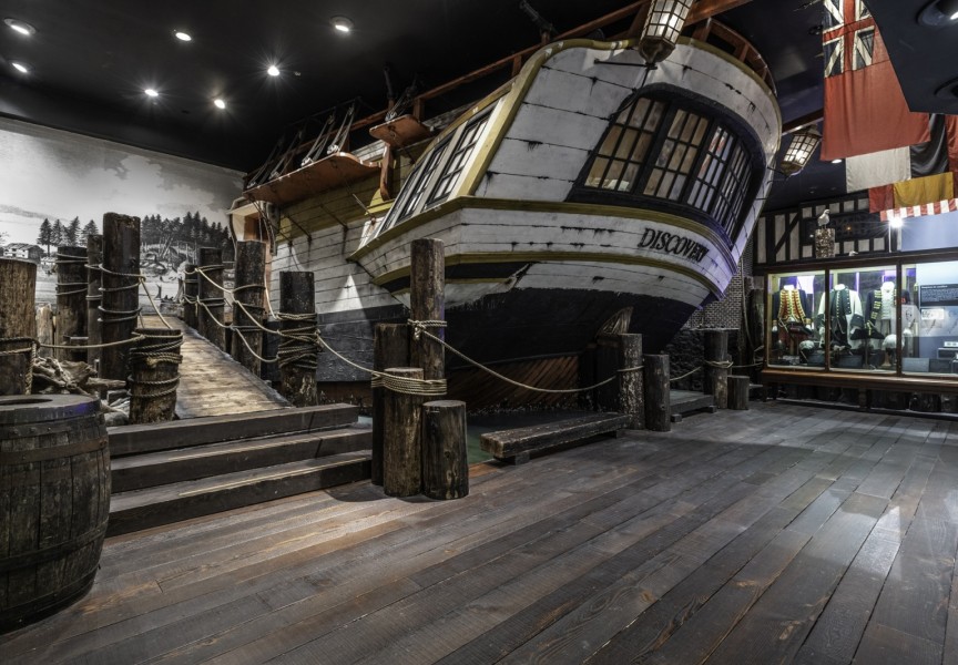 A replica of HMS Discovery in the Becoming BC gallery. (RBCM photo)