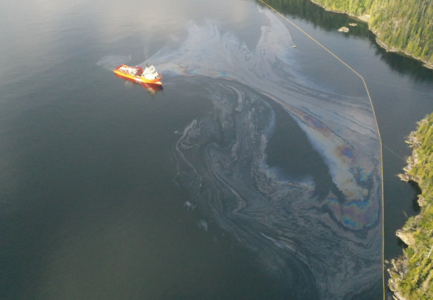 Oil containment booms protecting shoreline of Bligh Island. (Unified Command Information Site photo)