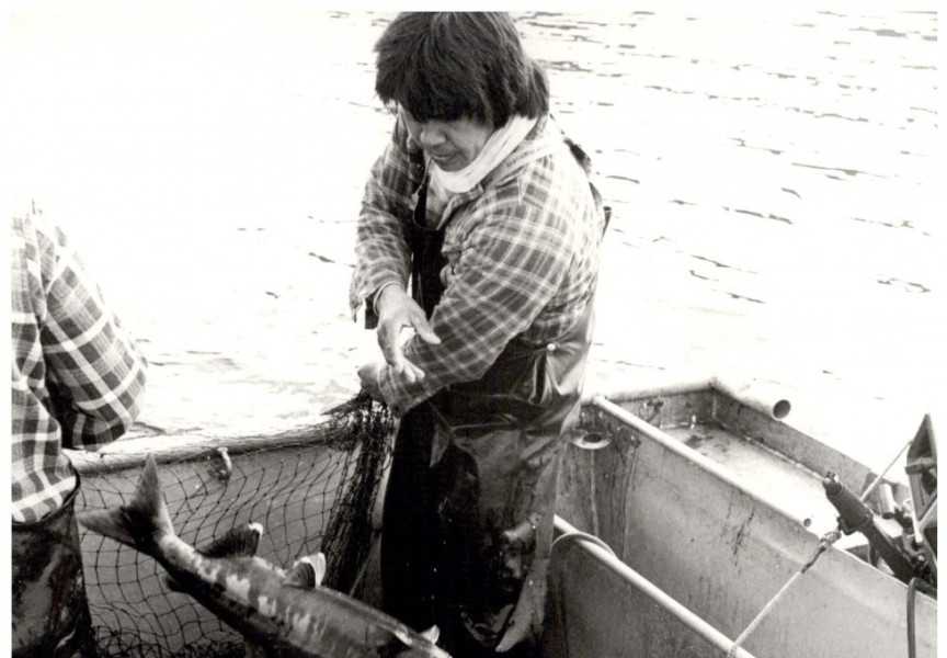 Ahousaht Fisheries Manager, the late Darrell Campbell, hauling in home-use dog (Chum) salmon. 