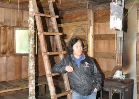 Joe Martin in the cabin that was built at Meares Island for the protest