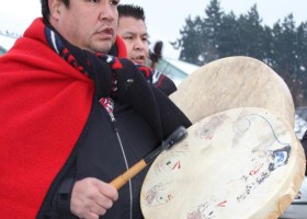 Martin Watts led many songs for the Idle No More event at Harbour Quay