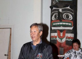 Tyee Ha'wilth Mike Maquinna welcomes guest to Yuquot Aug. 3