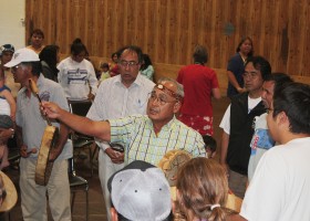 Cliff Atleo, president of the Nuu-chah-nulth Tribal Council, opens the games by leading the Nuu-chah-nulth song.