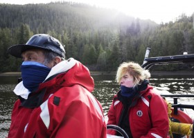 Joe Titian and Brianna Lambert look to their instructor during practical training as part of the Captain's Boat Camp, in Cannery Bay, near Tofino, on Feb. 22 2021. Photograph by Melissa Renwick